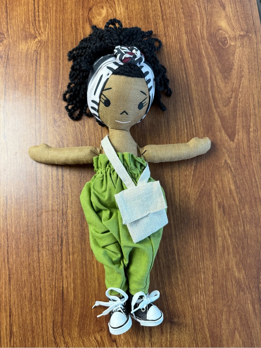 Harperiman Handmade Linen Imani Doll Linen Green Overalls Artisan Heirloom Toy
